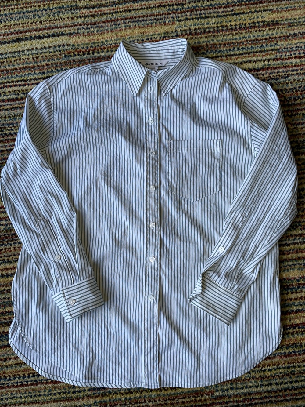 Athleta White and Green Striped Button-Down Shirt